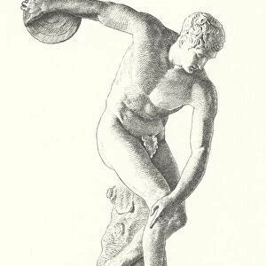 Ancient Greek statue of a discus thrower making a throw (engraving)