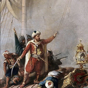 Barbarossa Hayreddin Pasha defeats the Holy League of Charles V under the command of Andrea Doria at the Battle of Preveza in 1538, detail, 1866 (oil on canvas)
