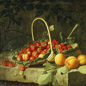 A Basket of Strawberries with Peaches on a Stone Ledge, 1856 (oil on canvas)