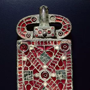 Belt Buckle, c. 525-560 (bronze with garnets, glass, mother of pearl, gold foil