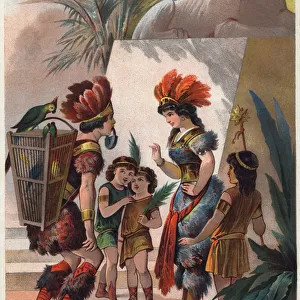 The black hunter closes Papagenos mouth with a lock to punish him for lying and selling herself for killing the snake in front of the queen. Illustration by Carl Offterdinger (1829-1889) in "The enchanted flute"