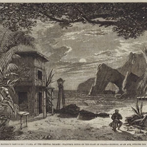 Blondins Pantomimic Drama at the Crystal Palace, Planters House on the Coast of Brazil, Blondin, as an Ape, nursing the Planters Child (engraving)