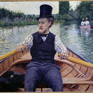 Part of the boat. A man wearing a tall hat rowing in a boat