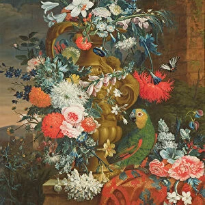 Bouquet of flowers and a parrot (oil on canvas)