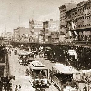 The Bowery, looking north from Canal Street, New York City, 1888 (litho)
