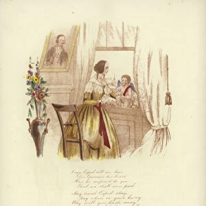 British Valentine card with an image of a woman at a window with a cherub (colour litho)