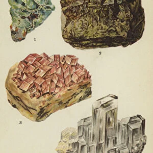 Carbonates, calamine, chalybite, rhodochrosite, cerussite (colour litho)
