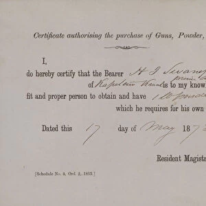 Certificate authorising the purchase of Guns, Powder &c, 1873 (litho)