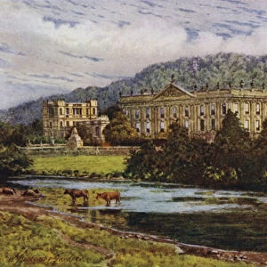 Chatsworth from the Derwent (colour litho)