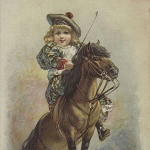 Child on horse, standing on box of B T Babbitts Baking Powder (chromolitho)
