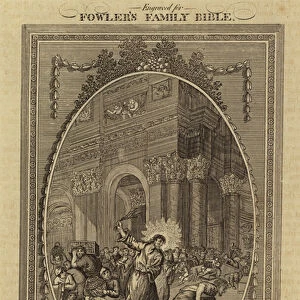 Christ cleareth the Temple, Mark, Chapter 11, Verse 15 (engraving)