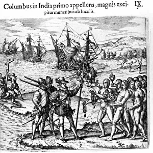 Christopher Columbus arrives in the West Indies. Engraving by Theodore de Bry in "