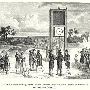 Claude Chappe fait l experience de son premier telegraphe aerien, devant les notables de Parce, le 2 mars 1791 (engraving)