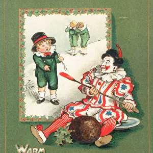 Clown stealing the Plum Pudding, Christmas Card (chromolitho)