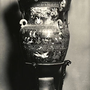 Colossal vase with masks on a tripod (ceramic) (b / w photo)