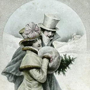 A couple of bourgeois, the woman in a fur coat with a sleeve, the husband in a high hat, wears a Christmas tree. Greeting card around 1900