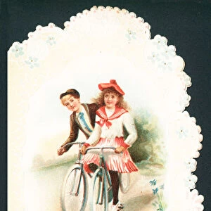 Couple Cycling, Christmas Card (chromolitho)