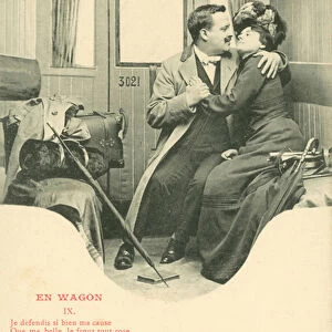Couple making love in a train compartment (b / w photo)