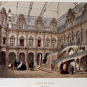 The Cour d honneur of the Hotel de Ville de Paris - lithography, 19th century