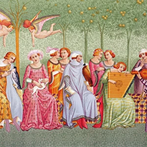 Courtly women listen to music in an orchard, after the Triumph of Death fresco in