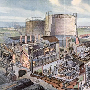 Cross section of a gas factory (colour engraving)