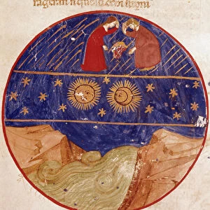 Dante and Beatrice look from heaven, Earth and stars. Illuminated page illustrating a