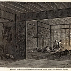 A dormitory in an inn in Japan. Engraving to illustrate the voyage to Japan in 1863-1864