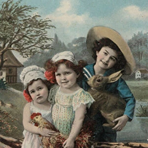Easter card, with children holding stuffed animals, chicken and rabbit (photo)