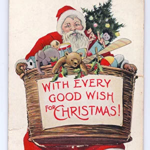 Edwardian Christmas postcard of Father Christmas carrying a large basket of toys, c