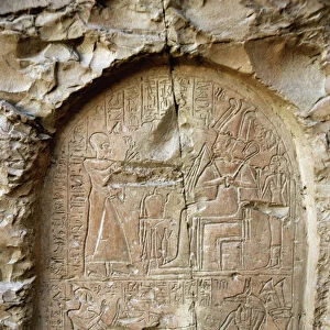 Egyptian antiquite: stele gravee in the rock of the tomb of Kha em Het (Khaemhat