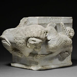 Engaged Capital with a Lion and a Basilisk, 1175-1200 (marble)