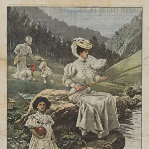 The entertainment of the royal family in the Gesso Valley, Queen Elena fishing (colour litho)