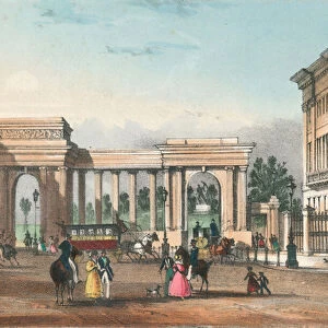 The entrance to Hyde Park from Piccadilly with the West Wing of Apsley House (coloured engraving)