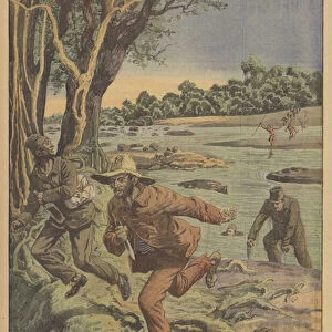 Escape by convicts in French Guiana (colour litho)