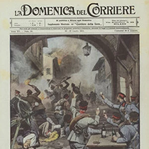 The excesses of the Balkan War, Bulgarian soldiers who among the hurrah! Comrades set fire... (colour litho)