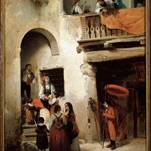 Extreme unction, a family waiting outside of the house of a dying man Painting by Guglielmo Castoldi (1823-1882) 1858 Dim 89x64 cm Genes, Galleria d Arte Moderna, inv 303