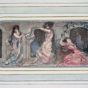 Two Female Figures dancing in a Room, another reclining