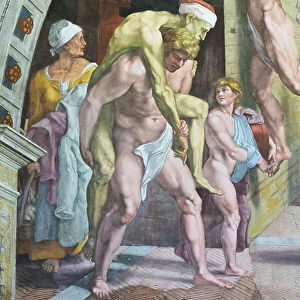 The fire in the borgo, detail that probably depicts Aeneas escaping with his father Anchises and his son Ascanius, 1516-1517 (fresco)