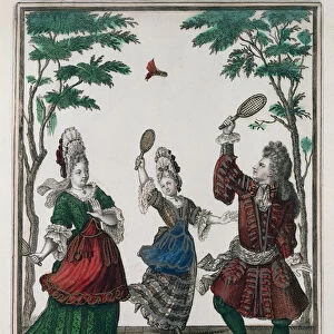 A Game of Badminton (coloured engraving)