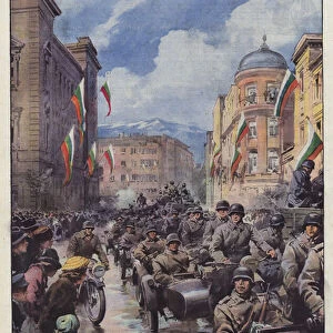 German motorized troops, who entered Bulgaria with the approval of the Bulgarian government... (colour litho)