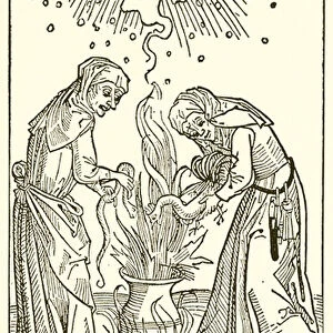 German superstition--Witches brewing a Charm. After a Wood cut in Ulrichs Witches, Augsburg, 1508 (engraving)