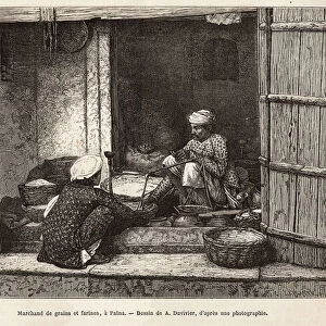 Grain merchants and flour in Patna, with their scales and their various measuring baskets, engraving after the drawing of A. Duvivier, illustrating the journey in India of the Rajahs, in 1864-1868, by Louis Rousselet