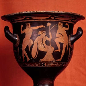 Greek art: black crater with red figures representing a Dionysian scene with silenes