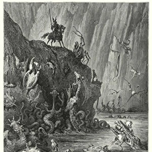 Gustave Dores Don Quixote: "A vast lake of boiling pitch, in which an infinite multitude of fierce and terrible creatures are traversing backwards and forwards"(engraving)