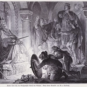 The Holy Roman Emperor Otto III in the burial vault of his predecessor Charlemagne in Aachen Cathedral (engraving)