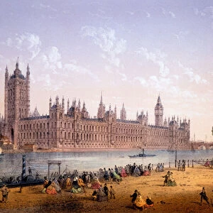 Houses of Parliament from the South Bank, print made by Ch. Riviere, 1862 (colour litho)