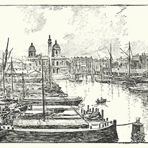 Hull on the Humber, showing the Docks (colour litho)