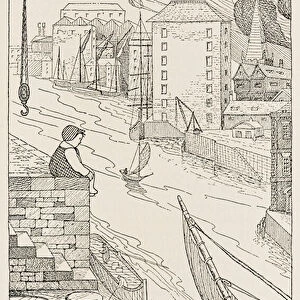 "I would sit on the river-wall with mny feet dangling over the water"illustration from The Voyages of Doctor Dolittle, 1922