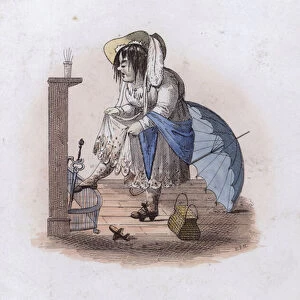 I ve Been Roaming: woman with muddy stockings and skirt after taking a walk in a wet meadow, 1828 (coloured engraving)