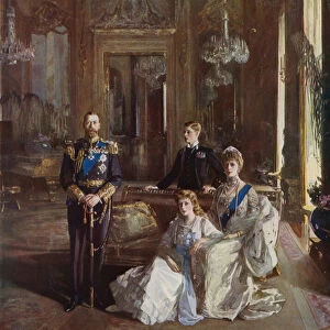 King George V, Queen Mary, the Prince of Wales and Princess Mary in the White Drawing Room, Buckingham Palace, London, 1913 (colour litho)